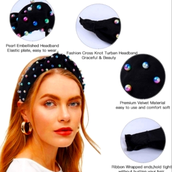 Mustard Knotted Multicolor Pearl Embellished Soft HeadBand - Picture 10 of 12